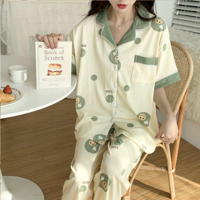 Women's Cute Cartoon Pajama Set - Short Sleeve & Long Pants, Comfortable Summer Home Wear