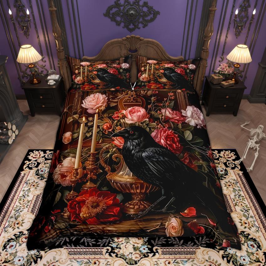 Homewish Halloween Crow Duvet Cover Set Botanical Plant Bedding Set Hippie Floral Flower Bed Set