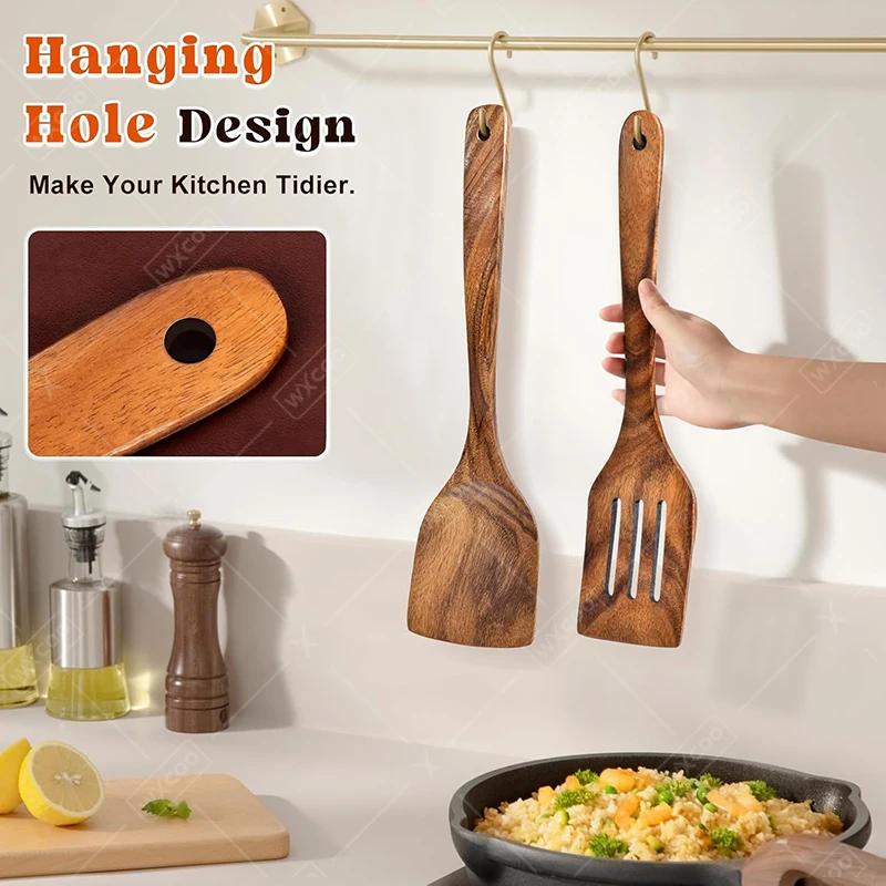 2pcs Wooden Spatulas Nonstick Cookware Long Handle Flat Frying Spatulas Flipper for Pancake Fish Egg Ideal for Kitchen Cooking