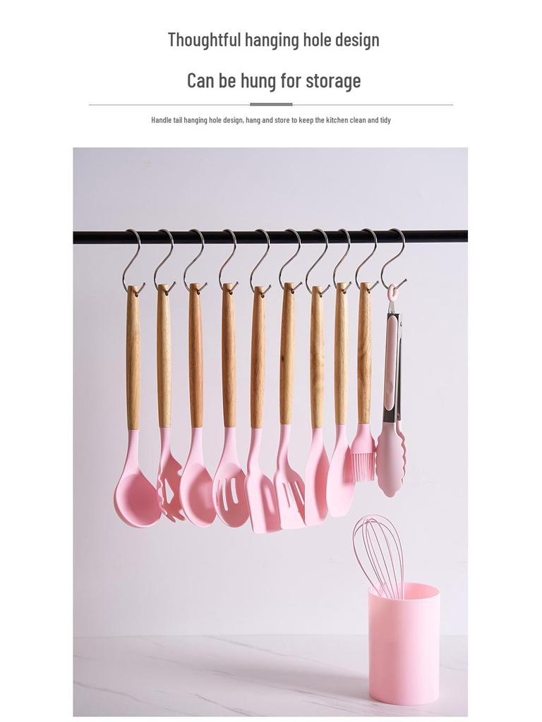 12-Piece Non-Stick Silicone Kitchen Utensil Set with Wooden Handles - High-Temperature Resistant Spoons and Spatulas