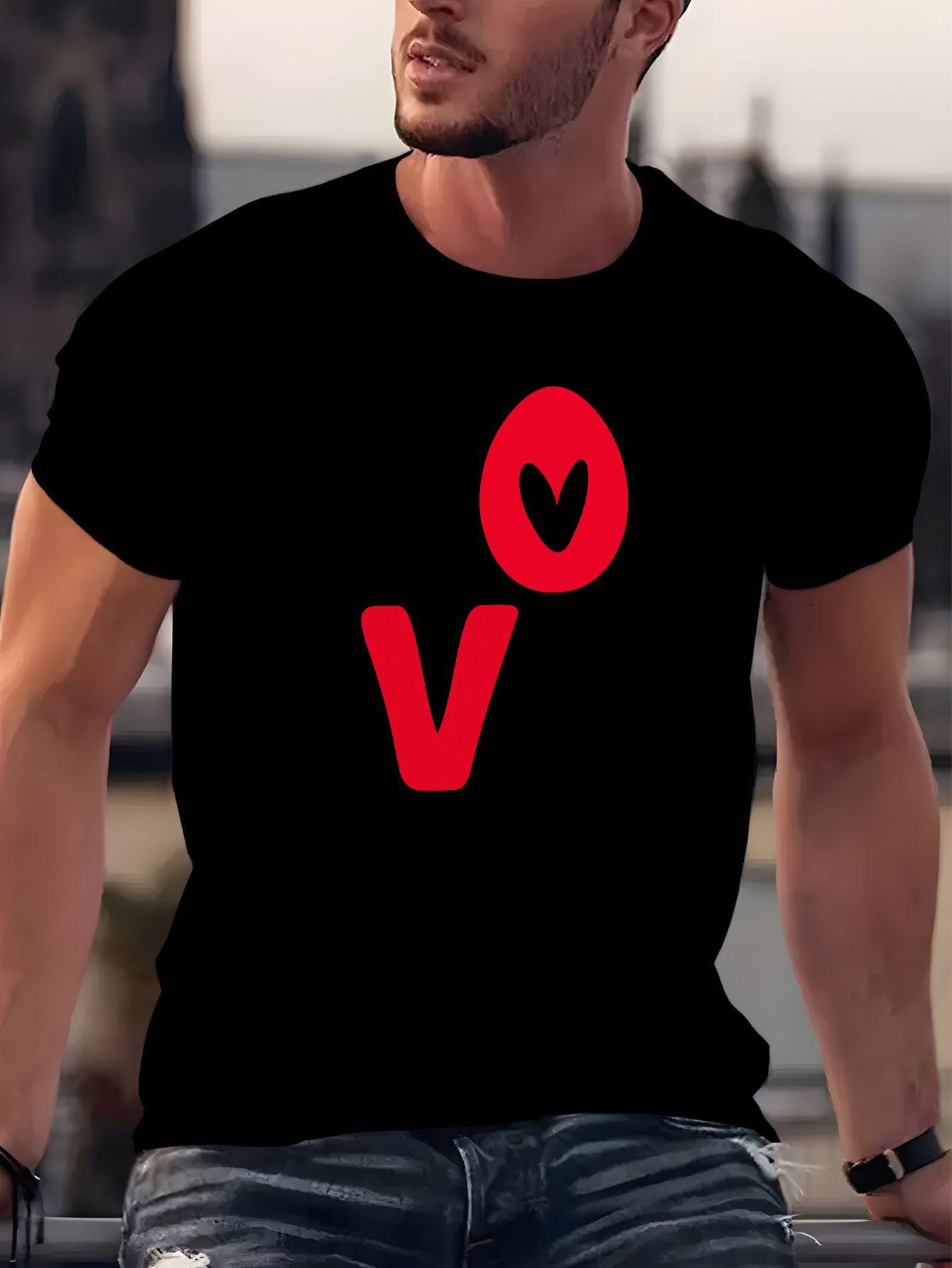 

Мужская летняя футболка с коротким рукавом, новинка, V-образный вырез, красный принт, полый дизайн в форме буквы О и сердца, модный трендовый топ с круглым вырезом S чёрный