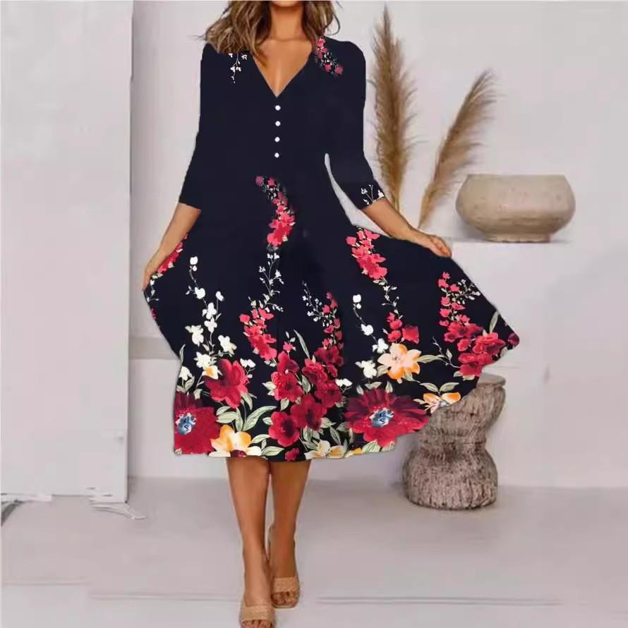 Women's Clothing, Personalized Multi-color Positioning Printed Button V-neck Seven-quarter Sleeve Dress