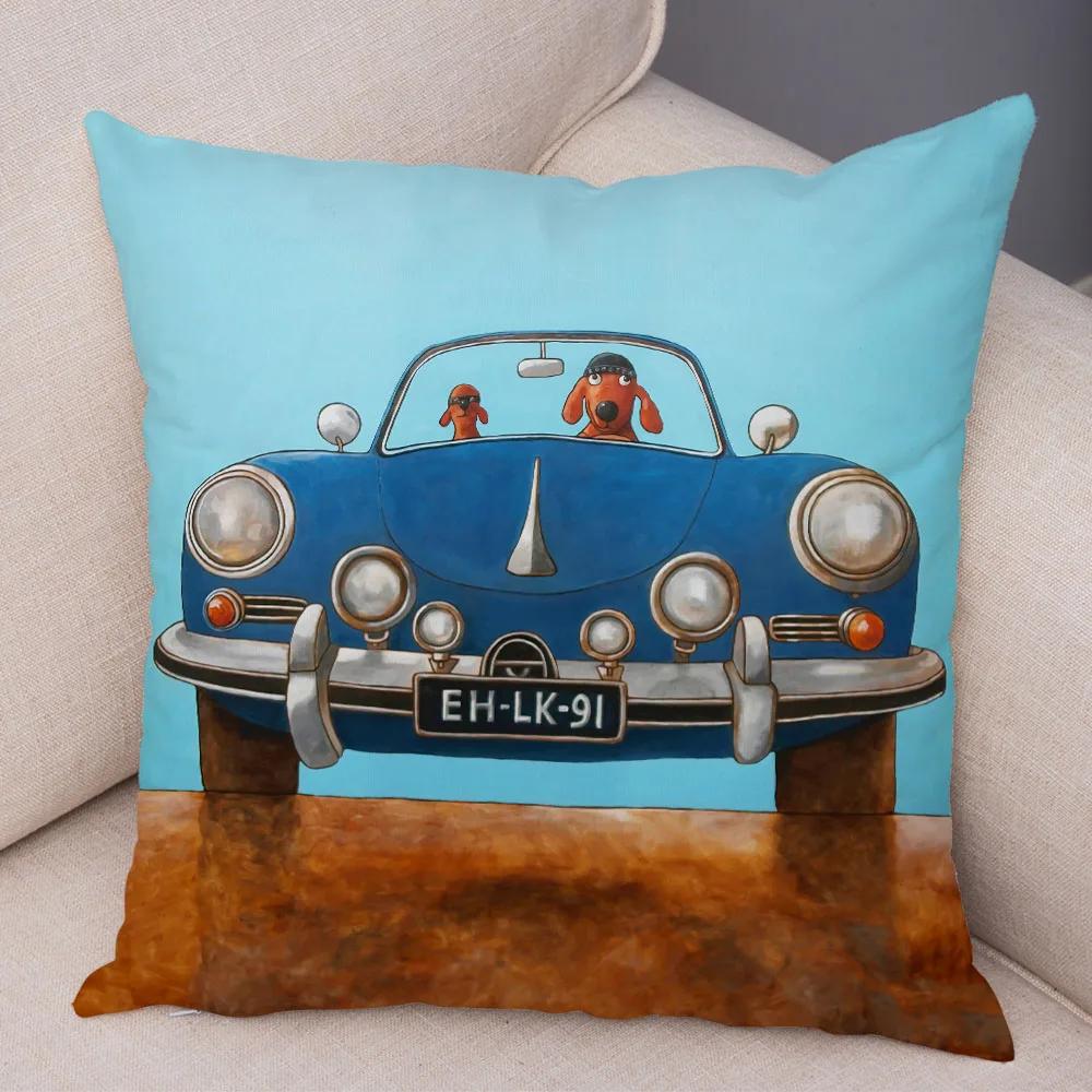 Colorful Cartoon Driving Bus Dog Cute Pet Print Cushion Cover for Home Living Room Sofa Car Decoration Pillowcase