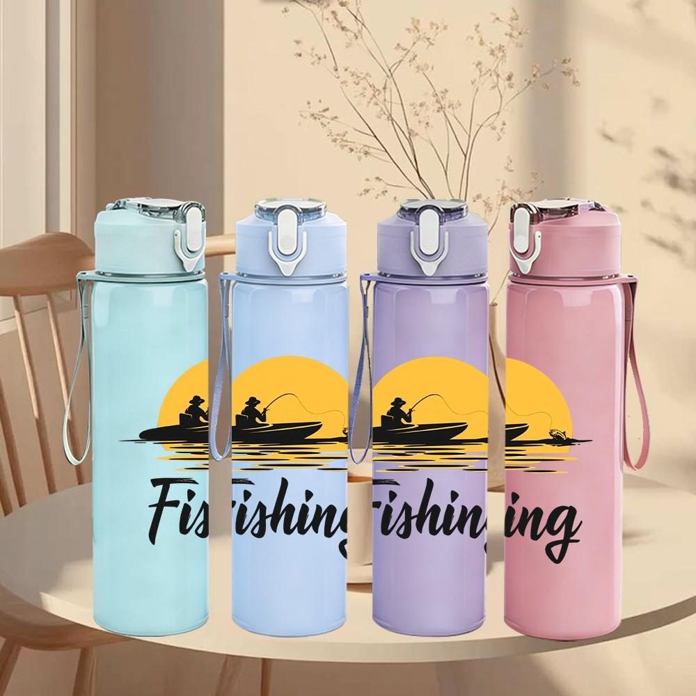 1PC Sunset Lake Fishing Silhouette Print 750ml Color Plastic Sports Water Bottle Leakproof Flip Straw Lid Suitable for Sports Office Home Use