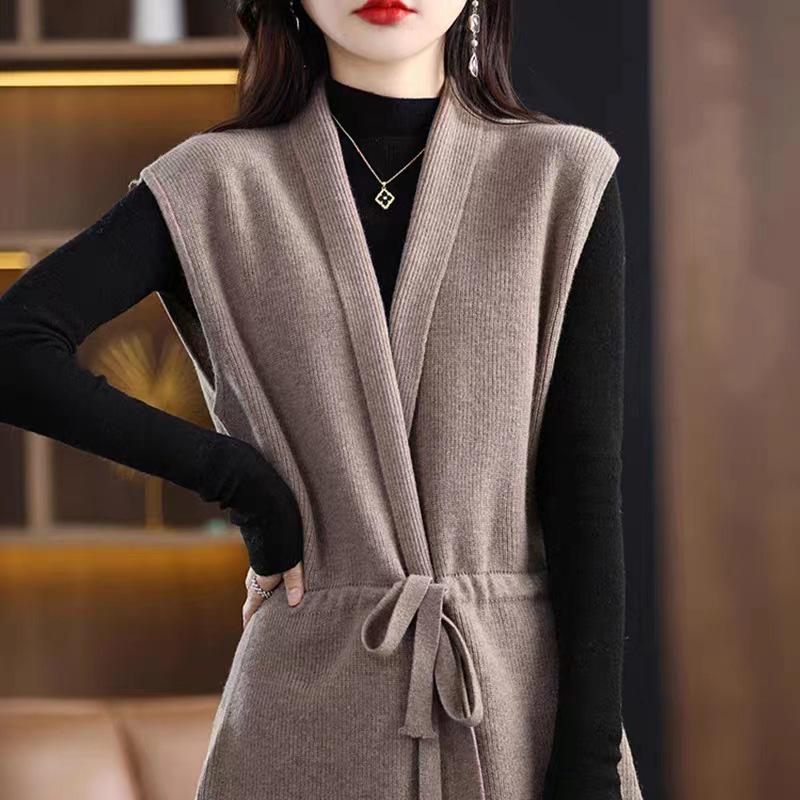 Women's Solid V-Neck Wool Vest - Lace-up Knit Sleeveless Outerwear for Autumn/Winter.