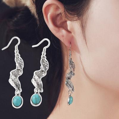 1 Pair Women Hanging Earrings Retro Anti-allergy Swirling Feather Shape Electroplated Faux Turquoise Ear Jewelry Prom Party Long Hook Earrings