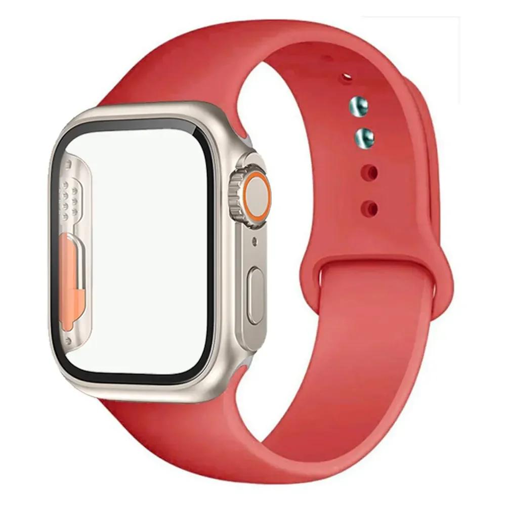 Silicone Strap+Case For Apple Watch Band 44mm 45mm 41mm 40mm Tempered Glass Cover Change to Ultra iWatch Series 9 8 7 SE 6 5 3