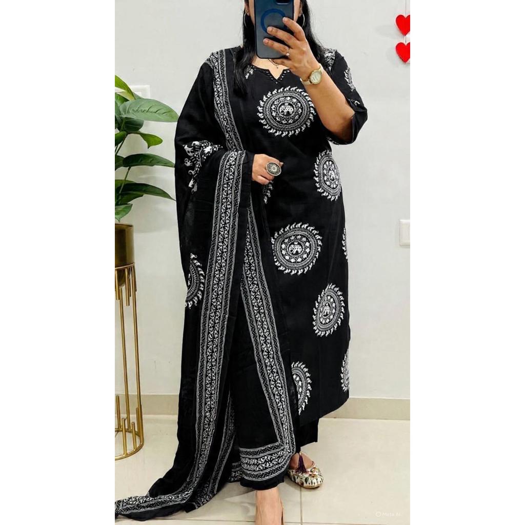Black Pakistani Cotton Kurti Pant Dupatta Set Indian Bollywood Salwar Kameez