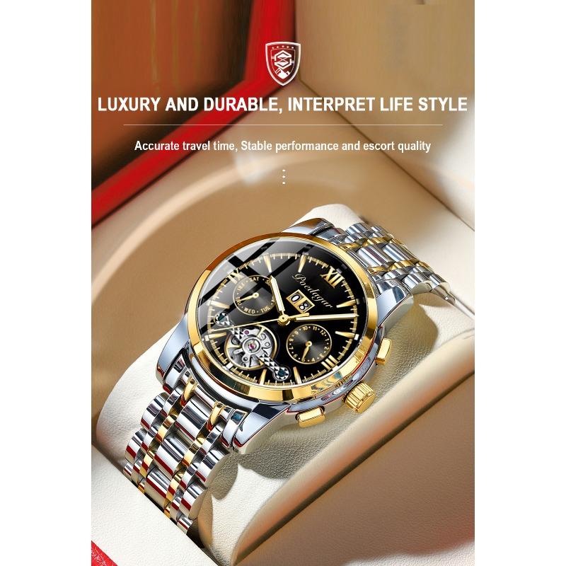 POEDAGAR Automatische mechanische Herrenarmbanduhr Hohl-Tourbillon Edelstahl-Uhr Wasserdicht Leuchtend Datum Uhren