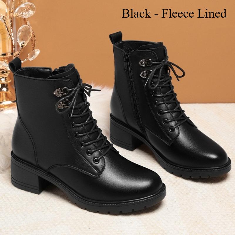 Women's Autumn and Winter Short Boots, Chunky Heel Boots, Fleece-lined Leather Shoes, Warm Cotton Shoes