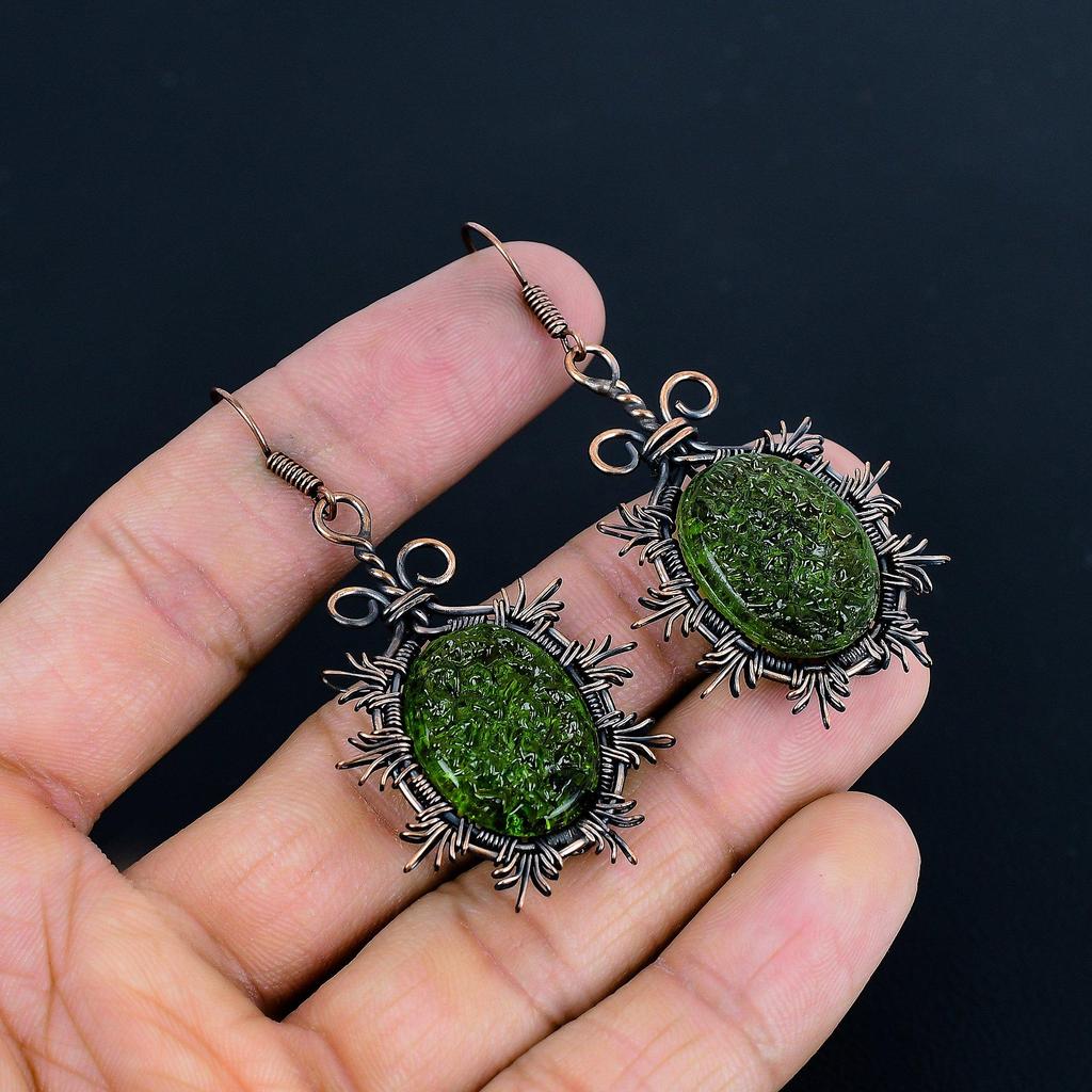Moldavite Earrings, 999 Copper Wire Wrapped Gemstone Jewelry, Handmade  Earrings For Mother Day
