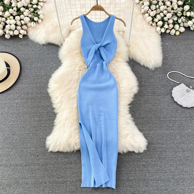 Vestido de Punto Minimalista sin Espalda para Mujer Verano SSólido de Punto sin Mangas Ajustado sin Mangas Sexy Bodycon Vestido Camiseta