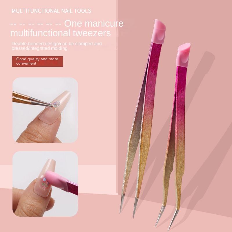 Double Ended Silicone Nail Art Tweezers with Pressing Head Nail Stickers Rhinestones Pick Up Clip Eyelash Extension Makeup Tools