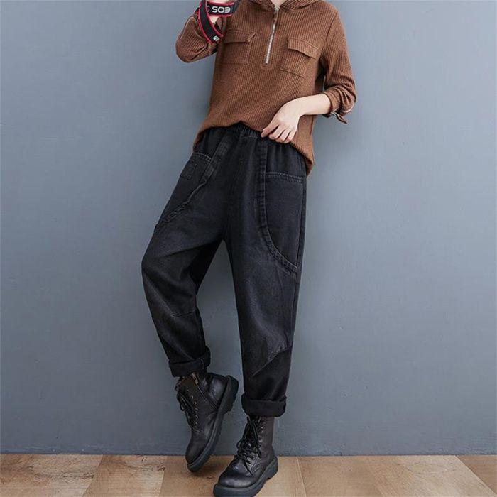 Jean femme-taille haute-Harem-rétro-rue-droit-amincissant-double poches-Noir