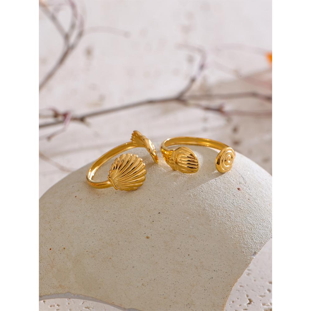 Yhpup Adjustable Ocean Seashell Conch Fish Pattern Open Ring Wholesale 18K Golden Plated Stainless Steel Personalized Jewelry
