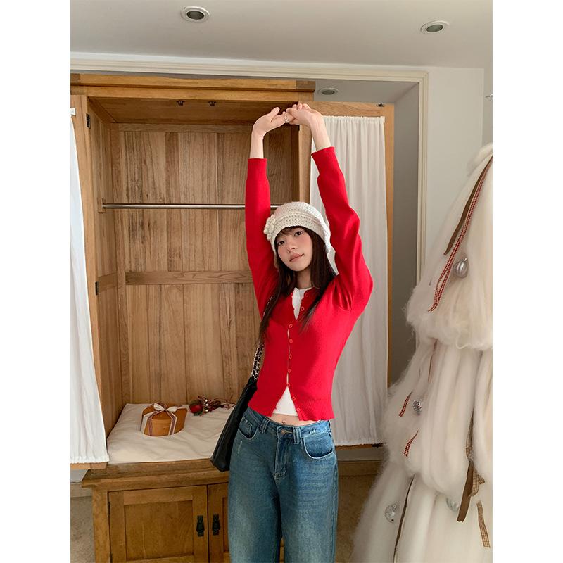 Christmas Red Fake Two-piece Bottoming Knitted Cardigan Long-sleeved Women's Autumn and Winter with Sweet Babes Stacked On Crew Neck Jacket 