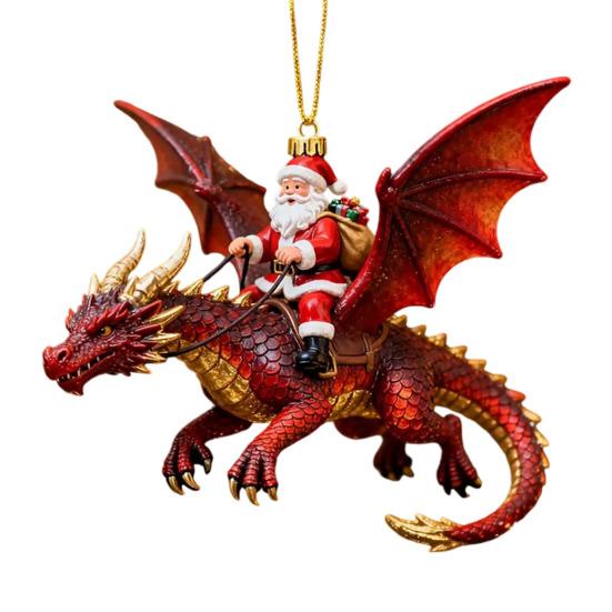 Christmas Door Window Decor Santa Claus Dragon Rider Ornament, 2D Acrylic Red Unique Xmas Ornament for Home with Flying Tree Hanging Decorations