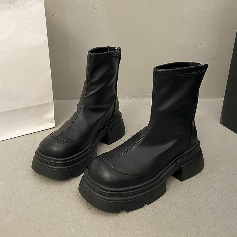 Thick-soled Cigarette Boots Chelsea Martin Boots Coarse Heel Stretch Boots Skinny Boots Fleece Black Women's Short Boots