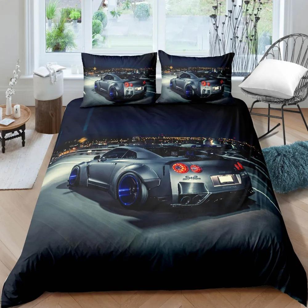 

Luxurious Sports Car Bedding Set Black White Racing Bike Bed Linen Polyester Duvet Cover with Pillowcase for Teens 70x133cm 2pcs