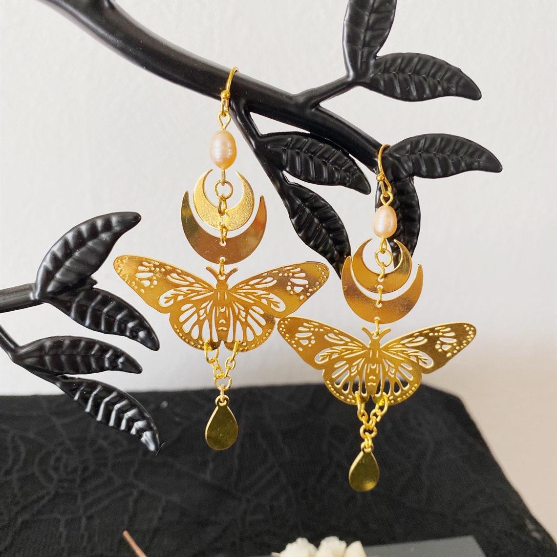 

Handmade Bohemian Butterfly Gold Pendant Earrings