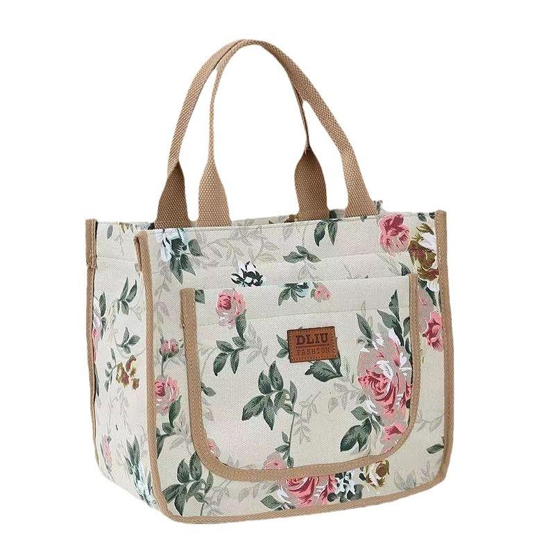 Floral Print Lunch Bag Large Capacity Handbag Thickened Thermal Insulation Bag Thermal Insulated Bag Women