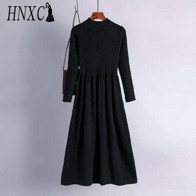 HNXC Women's Fashion Spring Autumn Solid Color Print Long Sleeve High Waist Casual Dresses