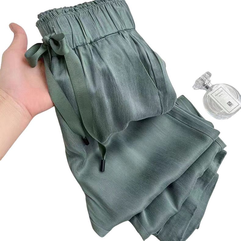 

Женские летние брюки широкие мятно-зеленые - Тонкие охлаждающие из ледяного шелка, с высокой талией, на кулиске, с драпировкой, облегающего силуэта 2XL зелёный