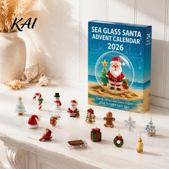 Holiday Ornament Set Sea Glass Christmas Advent Calendar, 24-Day Acrylic 2D Tree Hanging Pendants with Santa Gingerbread Man, Decor, Gift Box