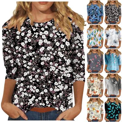 Women's Fashion Casual Three-quarter Sleeve Floral Print  Neck Top