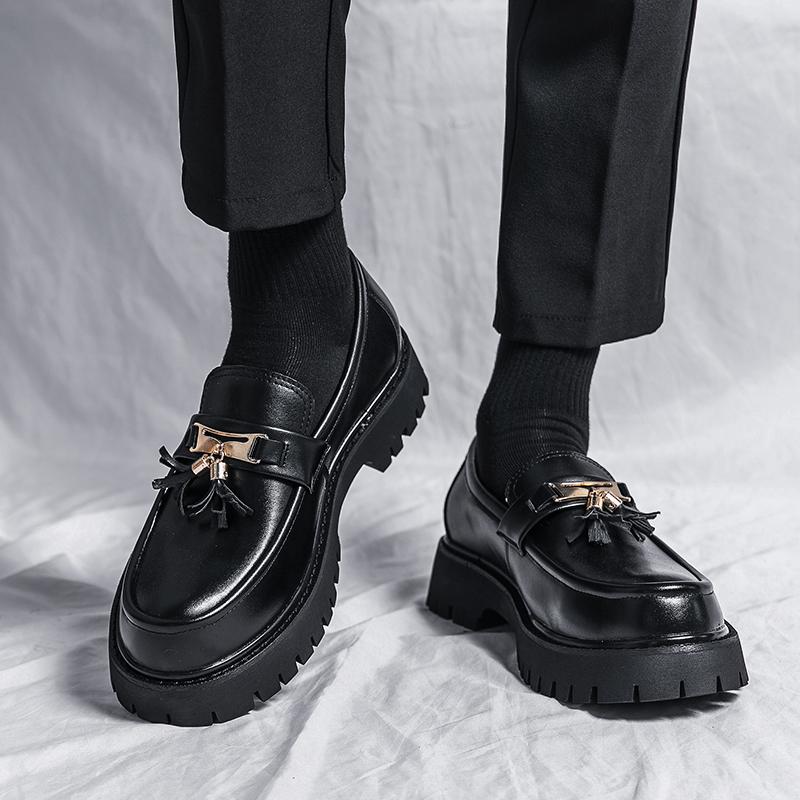 Platform Business Formal Leather Shoes Round Toe Shoes Tassels Loafers Luxury Casual Increase Oxford Shoes Black Wedding Shoes
