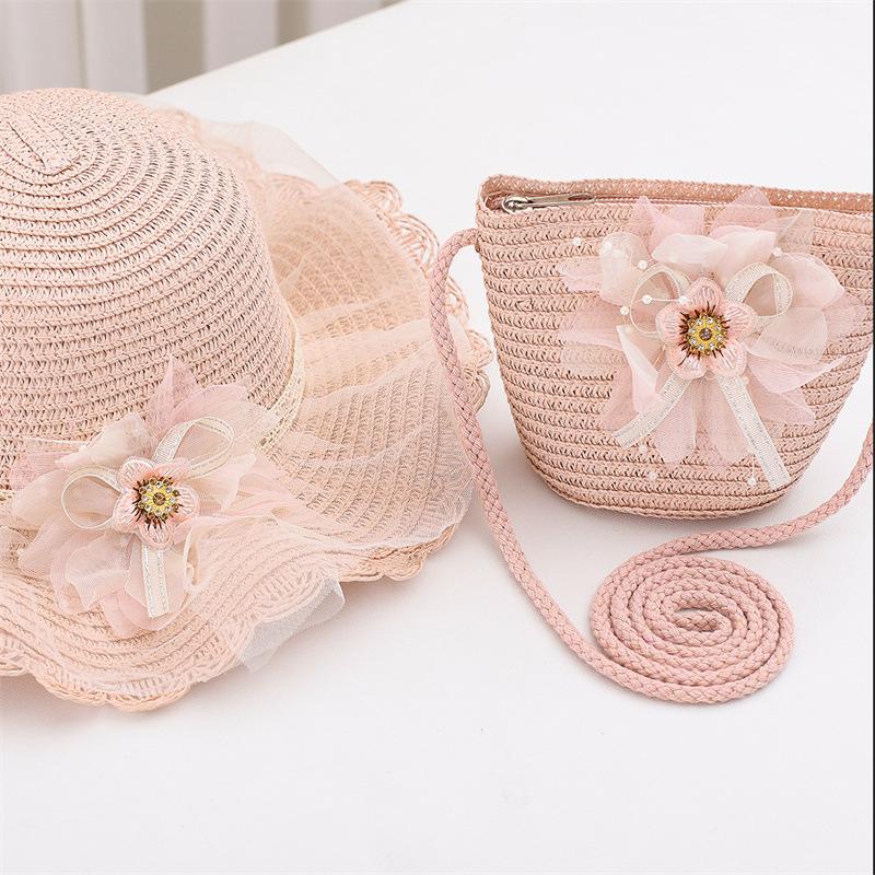 Baby Mädchen 2-teiliges Strohhut und Schultertaschen-Set Sommer Blumen Strand Eimerhut Breite Krempe Sonnenschutz Urlaubsoutfit Accessoire
