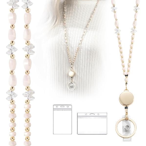 Retractable Lanyards for ID Badges and Keys, Beaded Lanyards for Women Cream Crystal, Cute Teacher Lanyard Apricot Pink