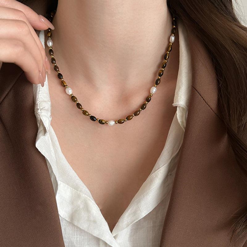 Vintage French Style Tiger's Eye & Pearl Necklace with Clavicle Chain