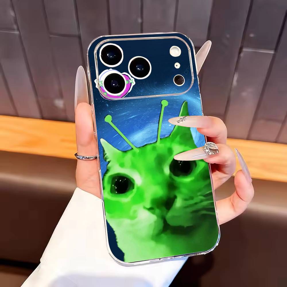 Green alien cat cute Phone Case For iPhone17,16,15,14,13,12,11 Plus,Pro Max Soft Transparent Cover