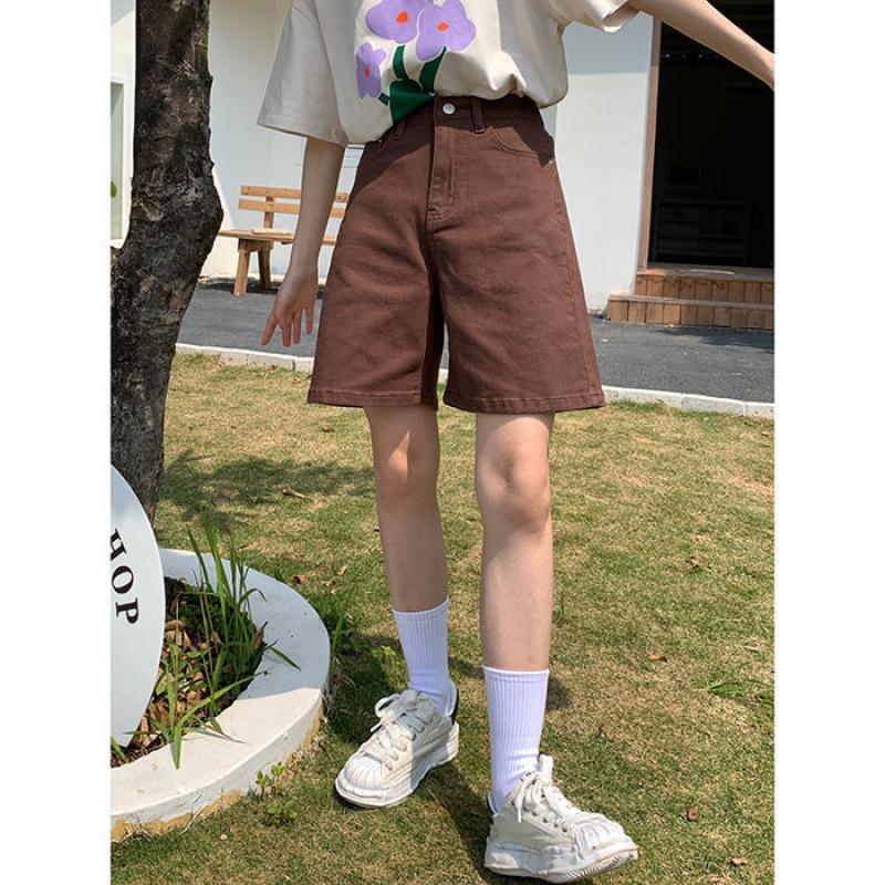 Brown Denim Shorts Women s Summer American Vintage High Waist Skinny Straight Five-Point Pants Tide Trendy Solid Coffee Brown High Waist Denim Shorts S