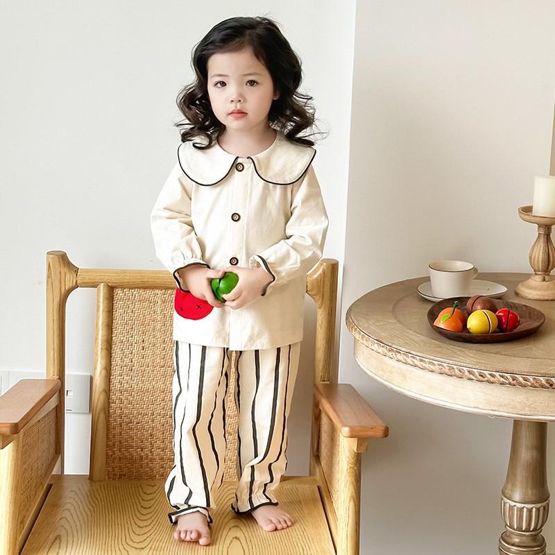 Kids Cotton Long Sleeve Pajama Set With Collar Soft Breathable Sleepwear Home Wear