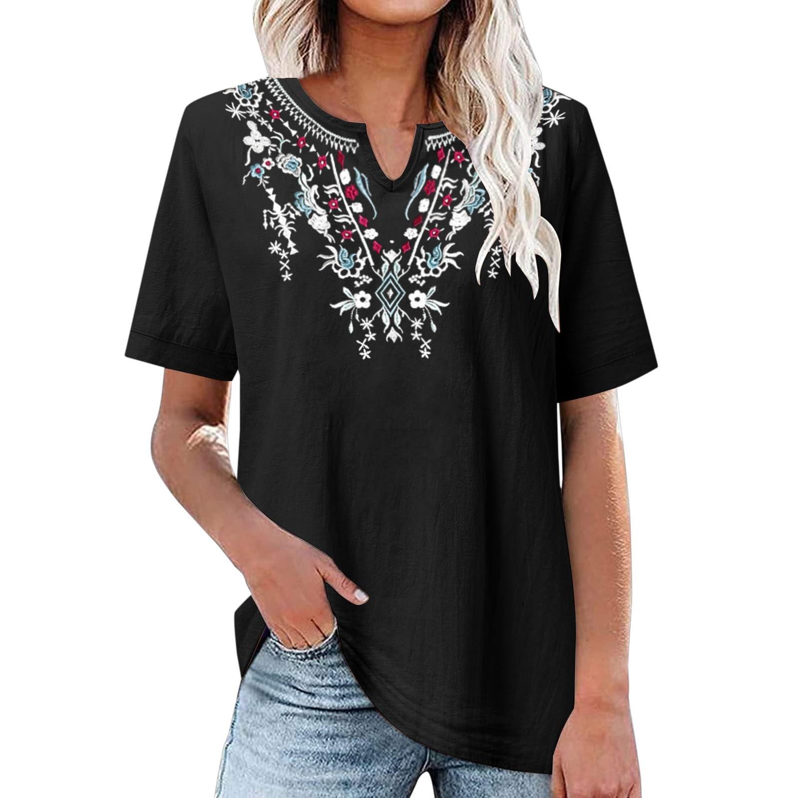 

Хлопково-льняная рубашка с вышивкой, однотонная женская художественная рубашка с v-образным вырезом и короткими рукавами, летняя M