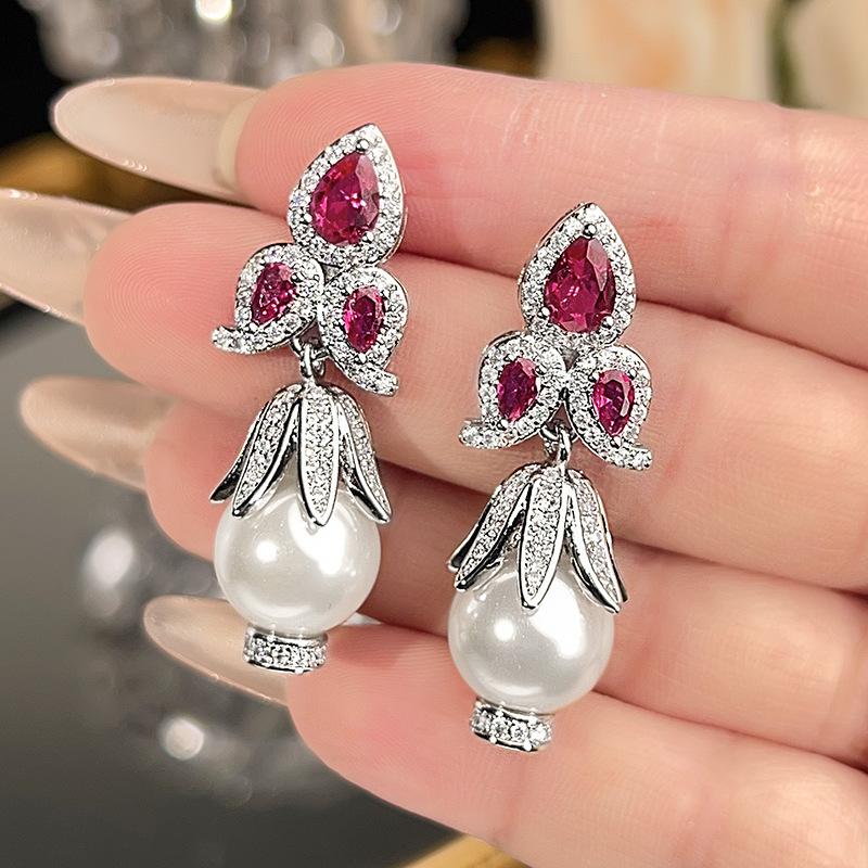 Earrings Pearl Jewelry Fashion Temperament Red Corundum High Sense Women'S Versatile Earrings