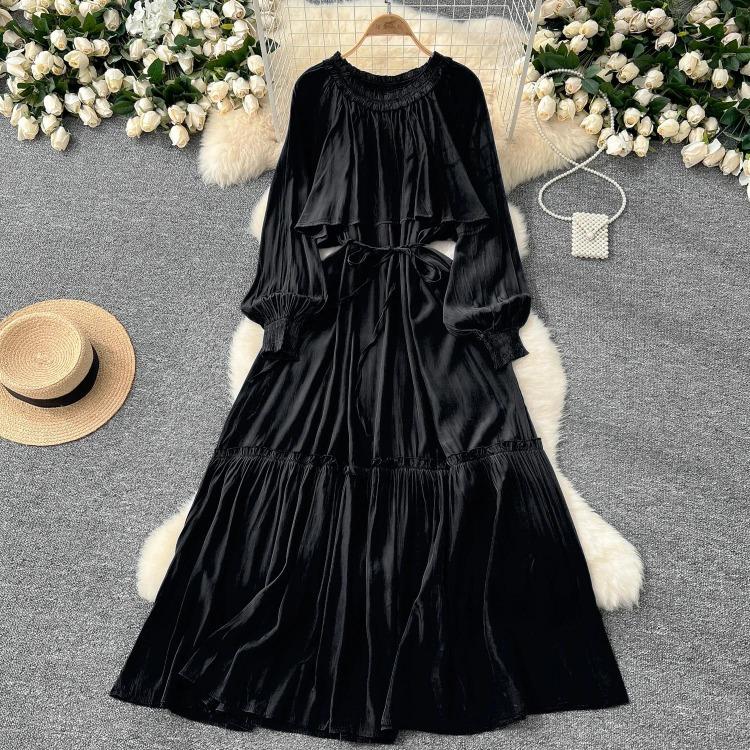 French Vintage Evening Dress Elegant Asymmetrical Ruffle O Neck Long Sleeve Lace Up Spliced Chic High Street Autumn Clothing