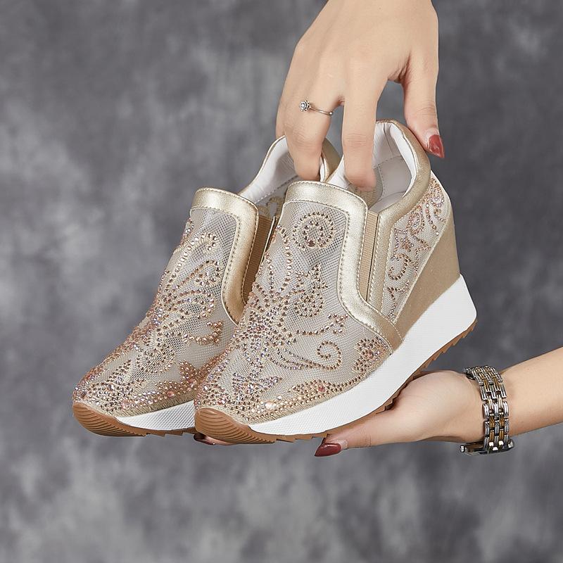 Fashion 8cm Air Mesh Thick Heel Embroider Lace Platform Wedge Bling ZIP Breathable Rhinestone Summer Hollow Women Fashion Shoes