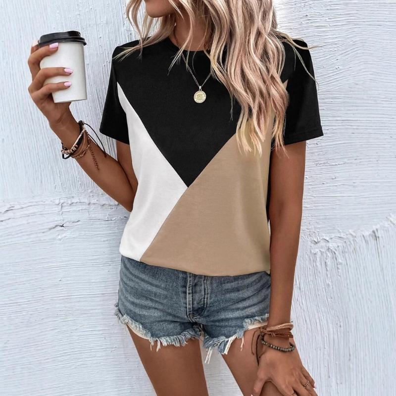 2025 Women's Summer New Match Color Splicing Round Neck T-shirt Loose Casual Women's Top