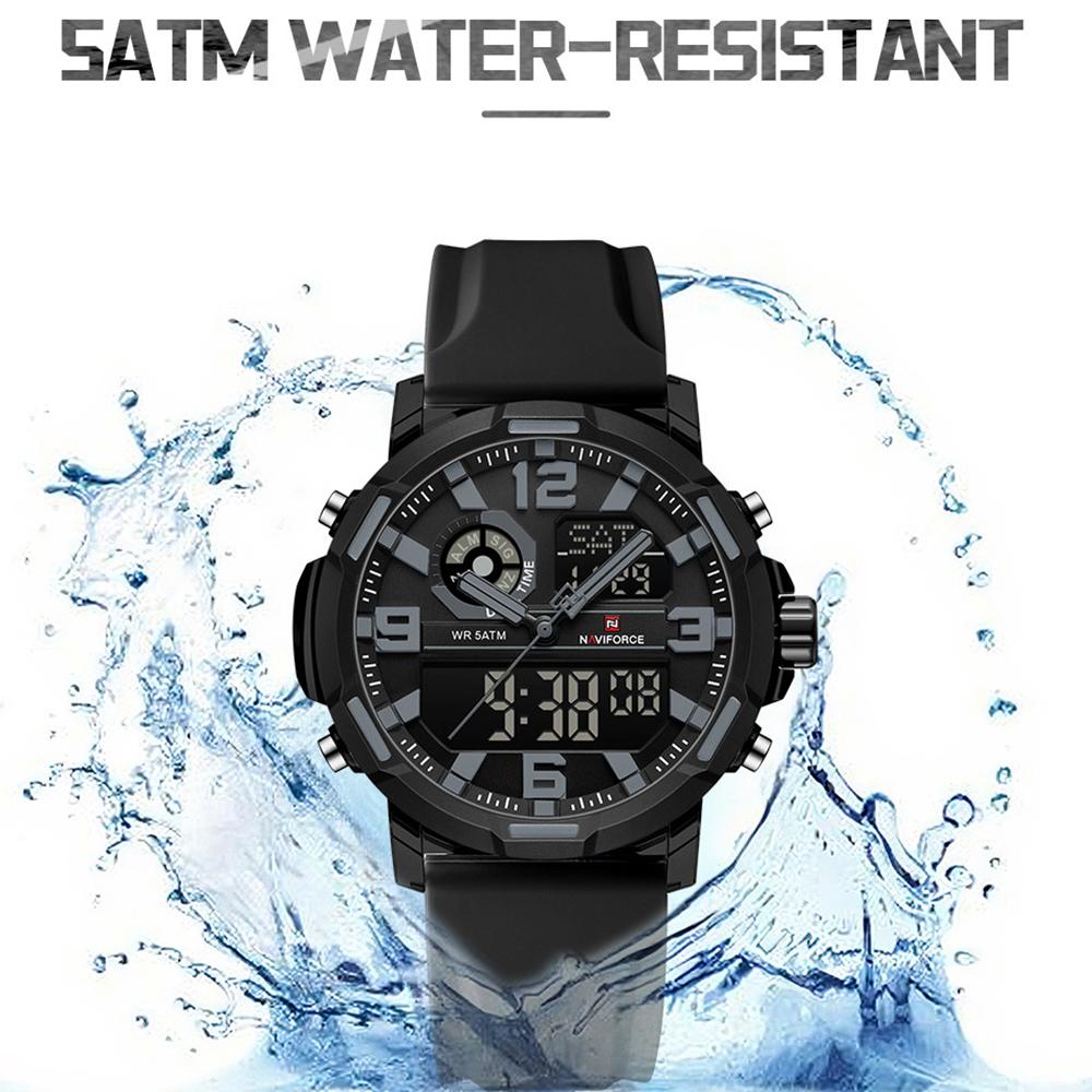 NAVIFORCE Original Men Dual Time Watch Quartz Movement LCD Digital Silicone Strap Waterproof Calendar Date Night Pattern Men Watch NF7130