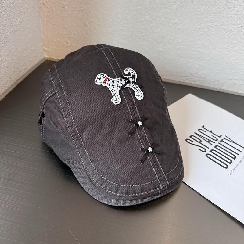 Retro With Beret Bow Decor And Cute Dogs Embroidered Design For Daily Use