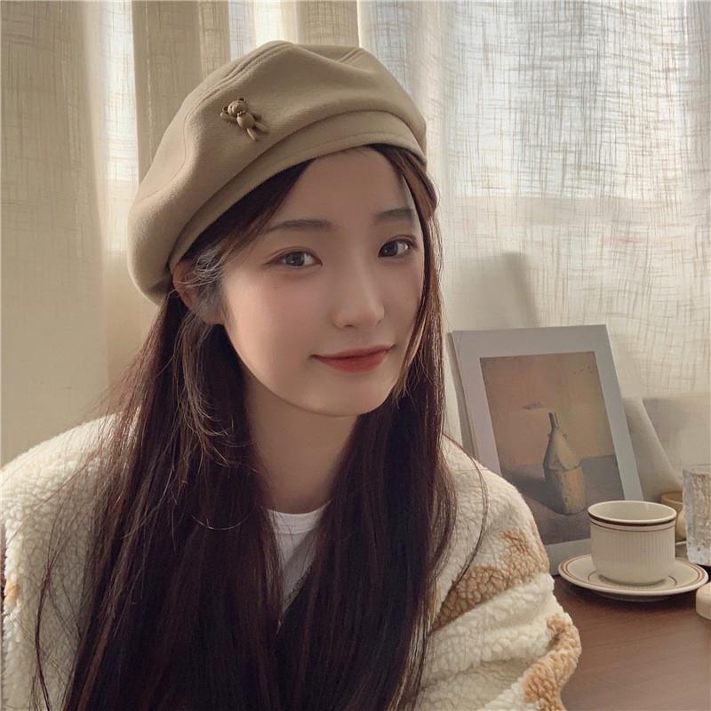 Wool Cozy Brown Beret Artist Hat For Winter Women Men With Cute Bear Design