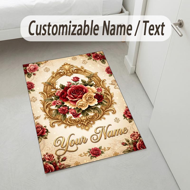 Elegant Floral Theme Soft Crystal Velvet Rug Custom Name & Text Print Non Slip Floor Rug for Bedroom Living Room