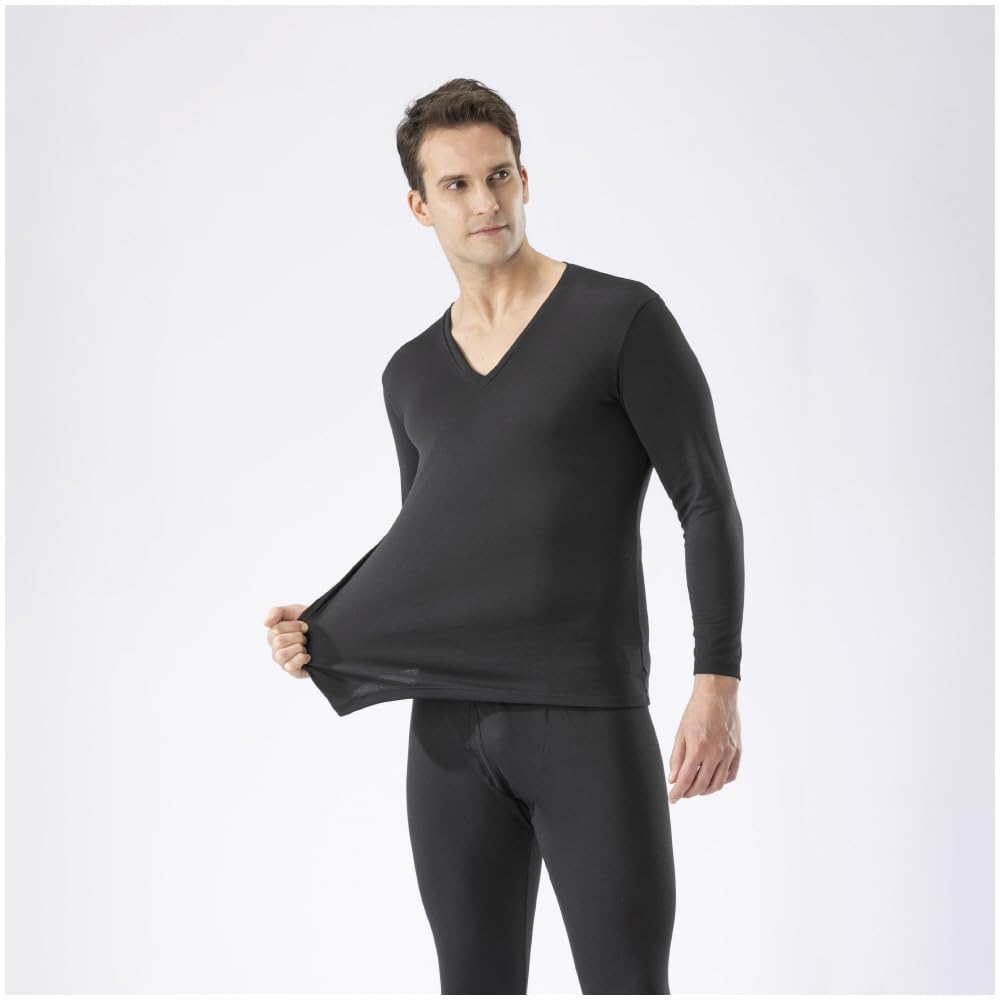 Mizuno Breath Thermo for Daily Sleeve Size C2JAA612 Underwear, Heat-Generating Innerwear, Thin, Use, V-Neck 3/4 Shirt, Men's, Black, LL,
