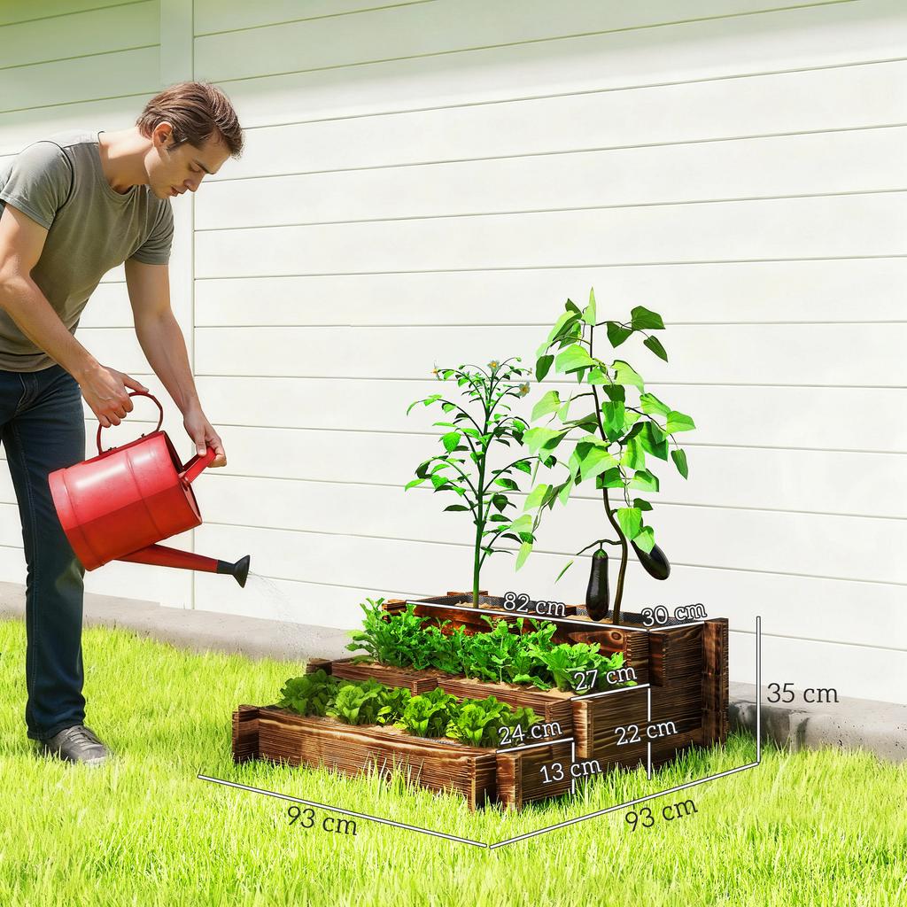 3-Level Garden Bed with Ladder Design and Non-Woven Fabric for Crops Flowers 93x93x35 Cm Charred