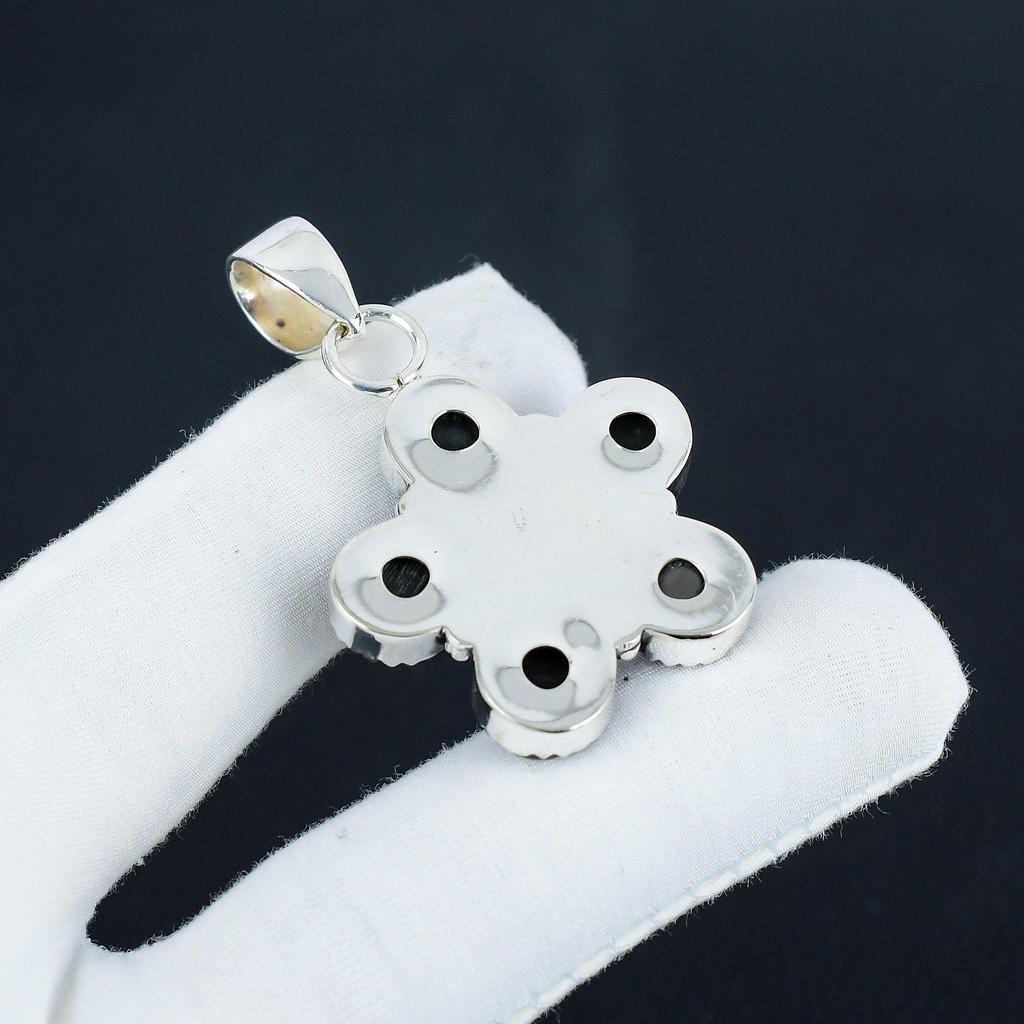 Natural Abalone Shell Gemstone Silver Pendant In 925 Sterling Silver - Handmade Flower Design, Everyday Wear Jewelry Wadding Gift