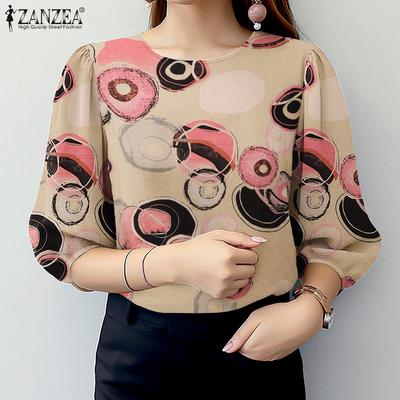 Women Casual Round Neck 3/4 Sleeve Loose Print Blouse