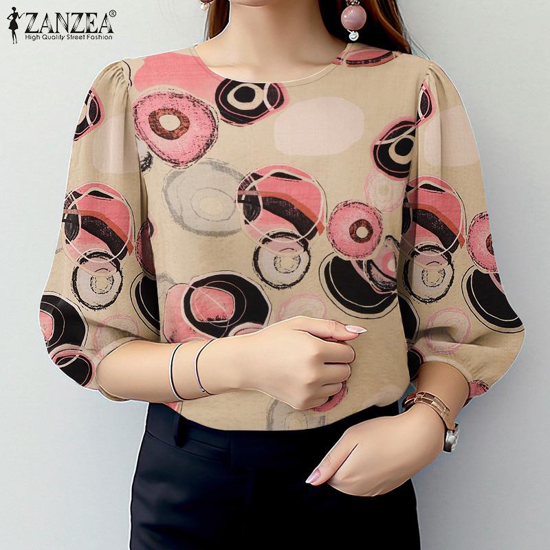 ZANZEA Dame Casual Rund Hals 3/4 Erme Løs Print Bluse